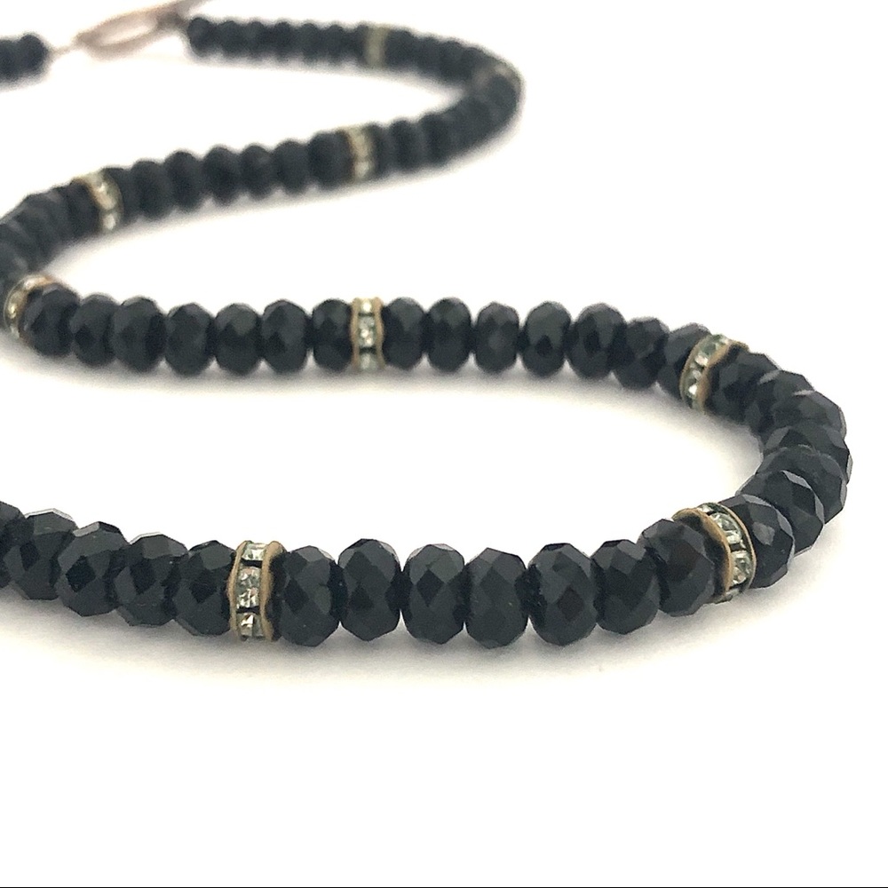 Vintage Black Glass Necklace Rhinestone Rondelle - Picture 3 of 7